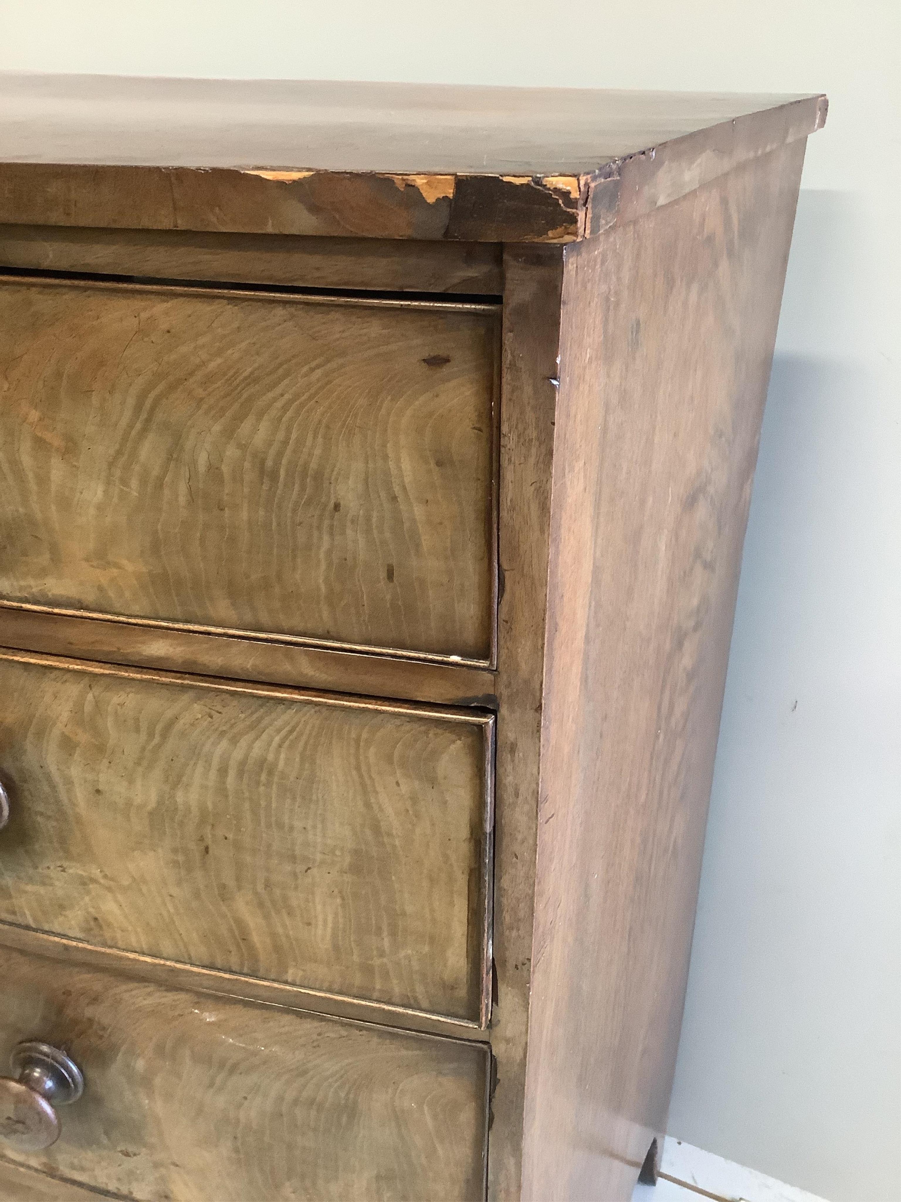 A Regency mahogany bowfront chest, width 106cm, depth 50cm, height 102cm. Condition - poor